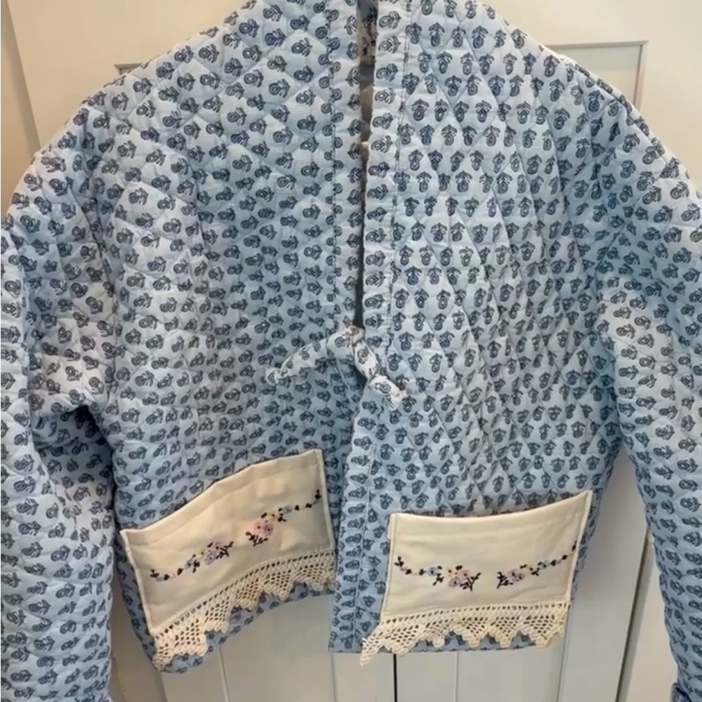 Charming Blue Floral Women's Quilted Jacket Handmade